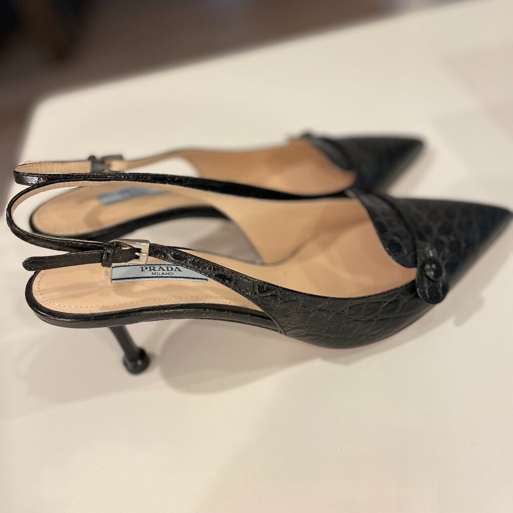 Prada Black Croc-Embossed Slingback Pointed Toe Heels with Button Accent